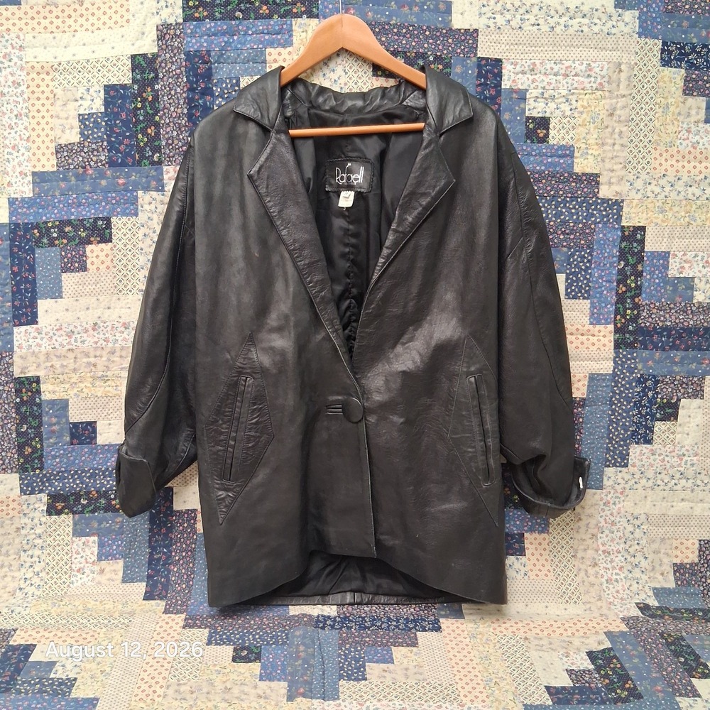 Vintage 80s Rafael Womens Black Leather Oversized Dolman Batwing Blazer Jacket